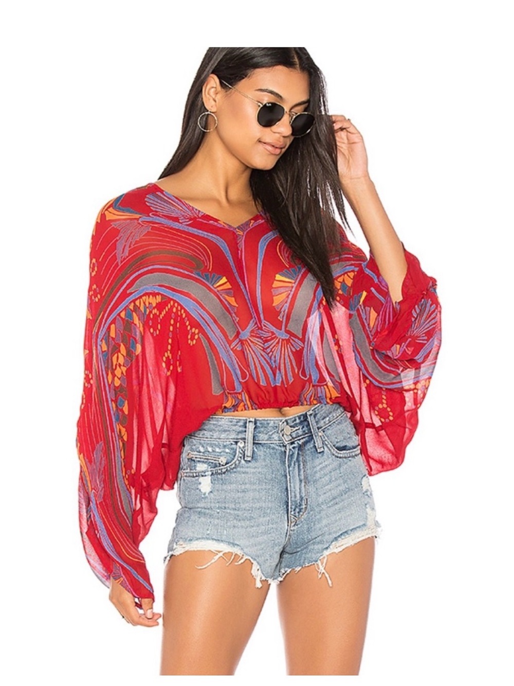 Free People Beneath The Sea Top Butterfly in Red Boho Chic Psychedelic Print